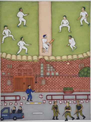 Illustration of cricket field above and street scene with police below.