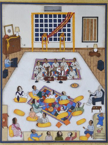 Traditional musical gathering in a decorated room with musicians and audience.