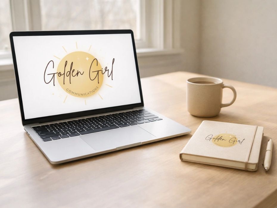 Workspace scene with a laptop displaying the Golden Girl Communications logo, styled with a notebook