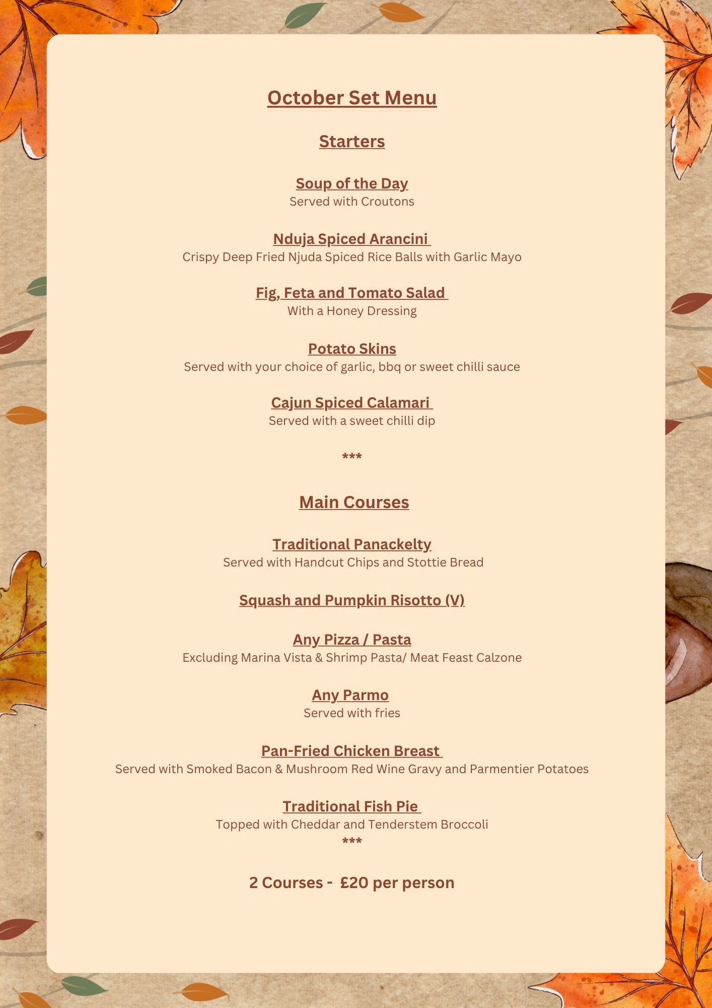 October set menu featuring starters and main courses with various dishes.