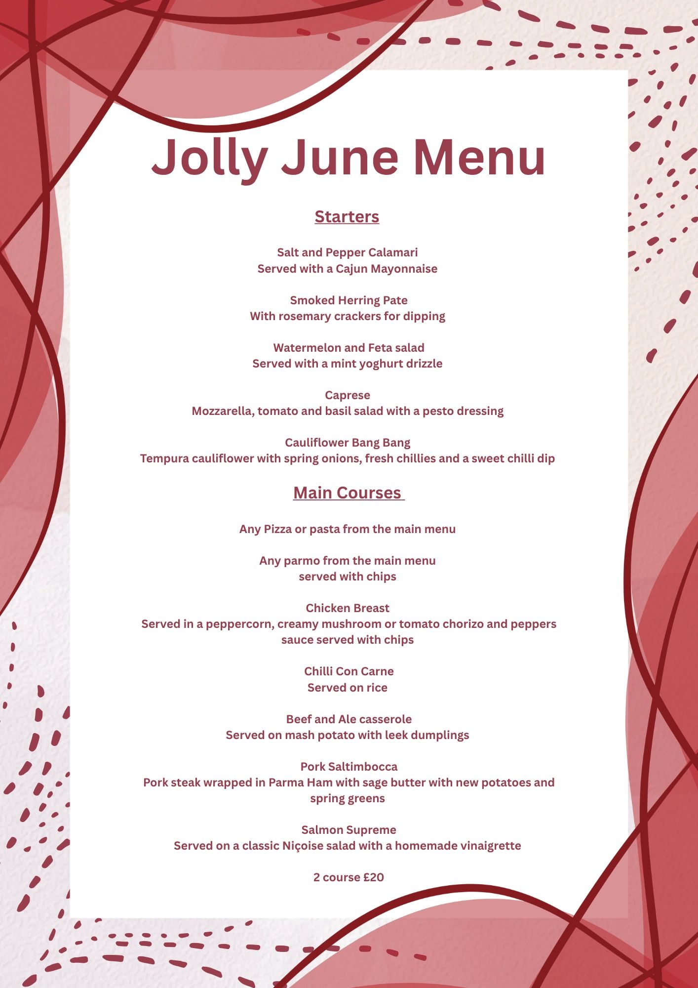 Jolly June Menu featuring starters and main courses with diverse dishes and a 2-course option for £20.