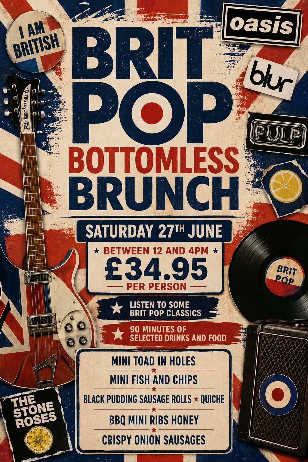 Brit Pop Bottomless Brunch event poster with guitar and vinyl record.