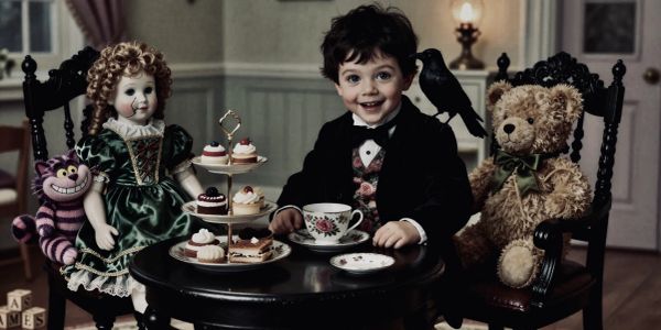 Young boy having tea with toys.