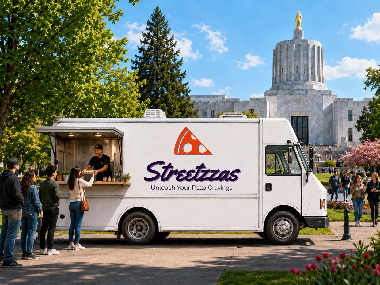 Food truck named Streetzzas serving pizza to a line of customers in a park.