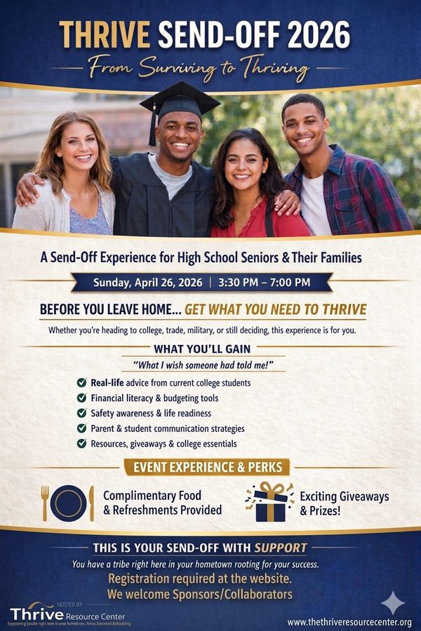 Invitation for a Thrive Send-Off event for high school seniors with resources and giveaways.