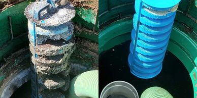 Before and after picture of a septic filter cleaning.
