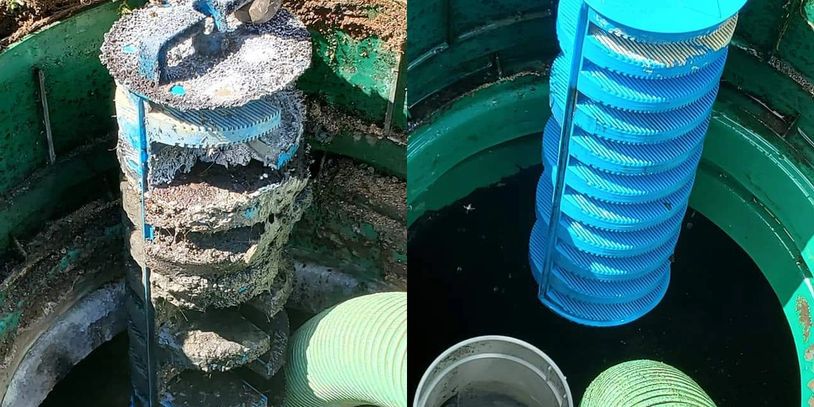 A before and after picture of a clogged septic filter.