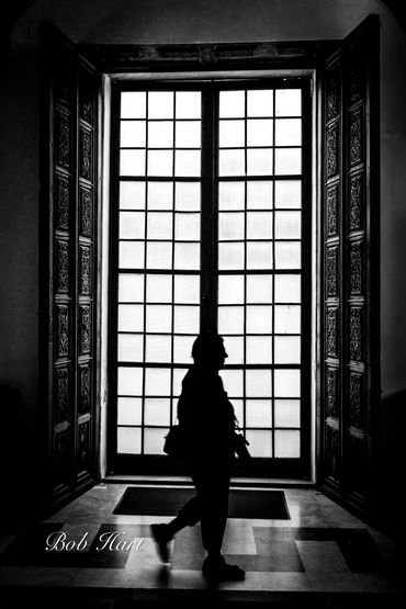 Silhouette of a person walking past a large window with ornate doors.