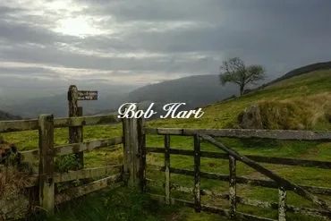 Rustic wooden gate in a moody countryside landscape.