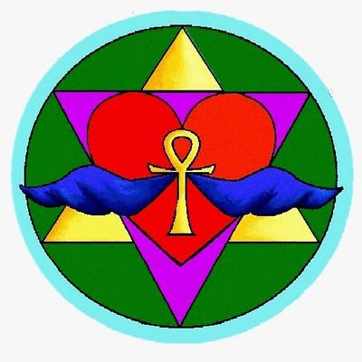 Colorful emblem with heart, wings, ankh, and geometric shapes.