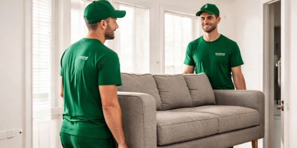 movers in Boston carrying a sofa