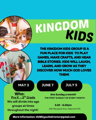 Colorful flyer for Kingdom Kids group activities for children Pre K-5th grade.