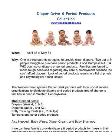 Flyer for diaper and period products collection in Western Pennsylvania.