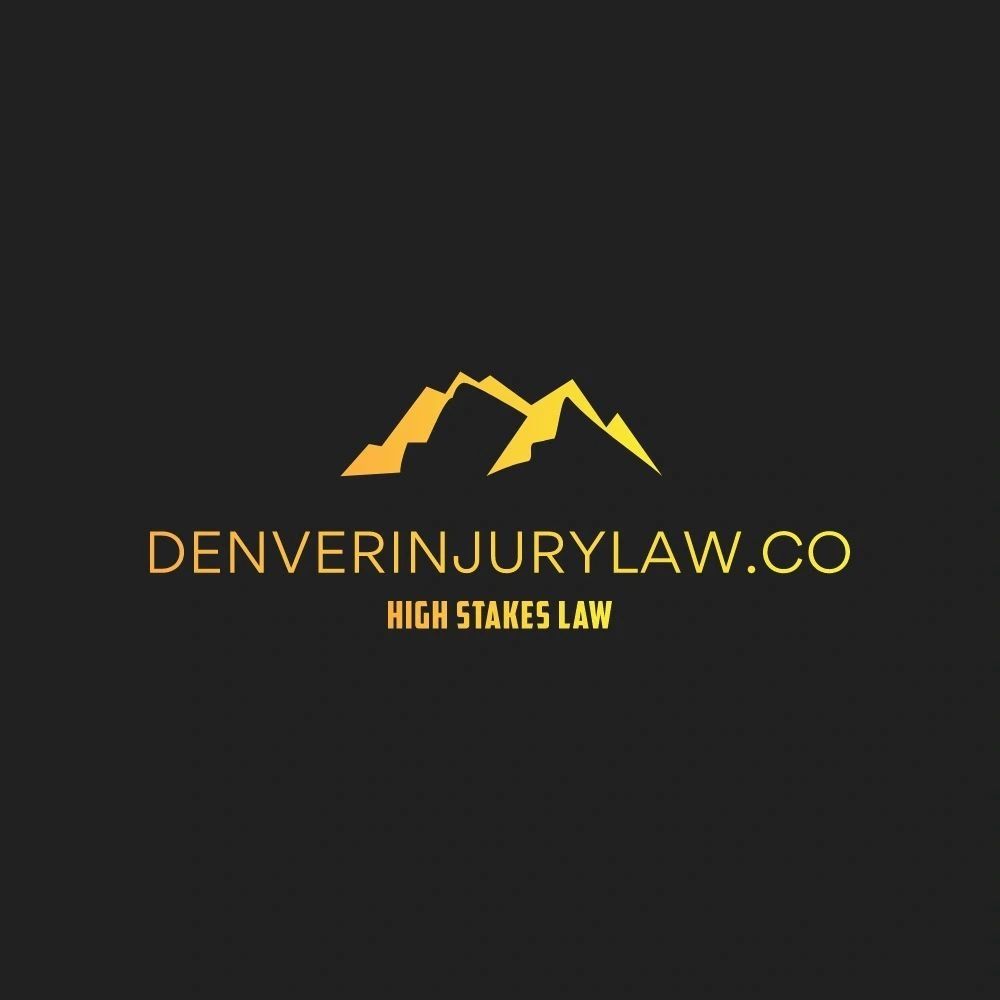 Golden mountain logo with DenverInjuryLaw.co and High Stakes Law text on black.