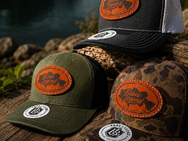 Three stylish Bass Legend caps in green, camo, and black colors, displayed outdoors on wooden logs.
