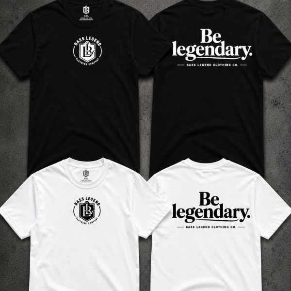 Black and white t-shirts with "Bass Legend Clothing Co." logos and "Be legendary." text.