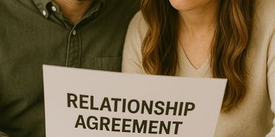 Couple reviewing a relationship agreement document together at a table.