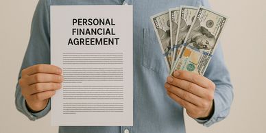 Person holding a personal financial agreement and several $100 bills.
