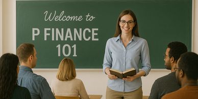 A teacher stands smiling in front of a finance class with students seated at desks.