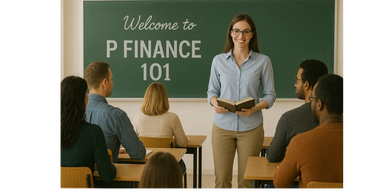 A teacher stands smiling in front of a finance class with students seated at desks.
