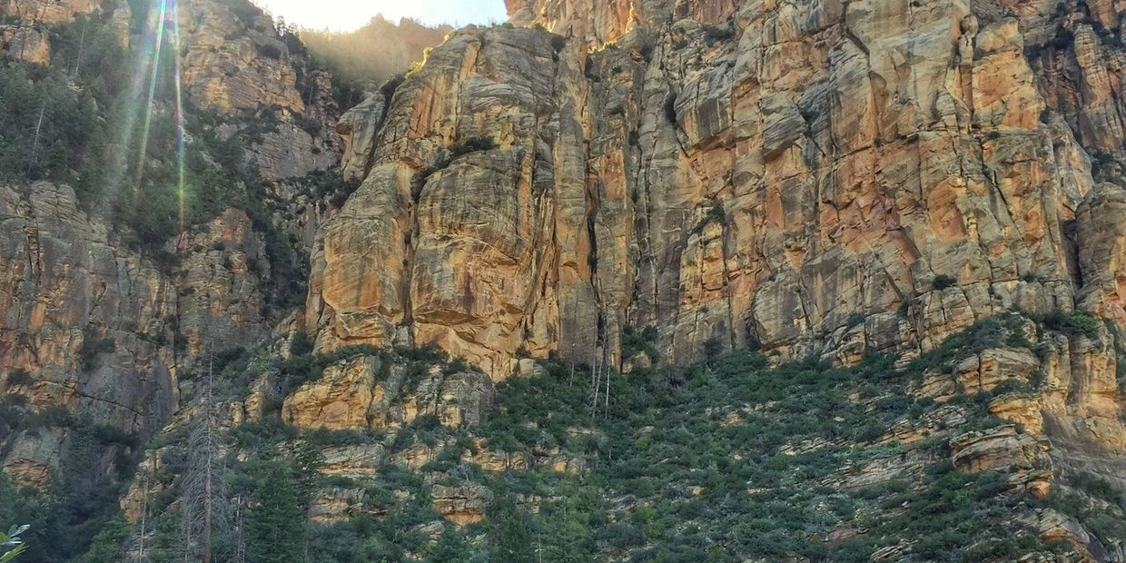 Sunlight shines over a rugged rocky cliff with sparse vegetation.