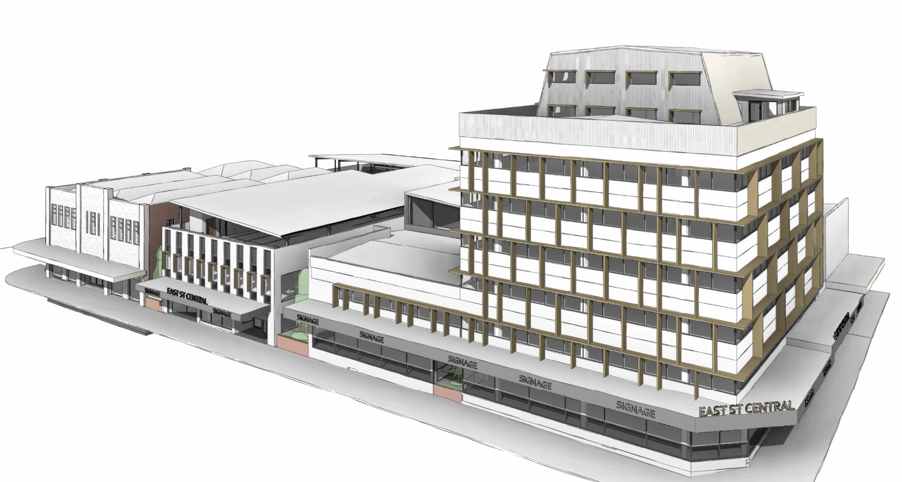 Architectural rendering of a modern commercial building complex.