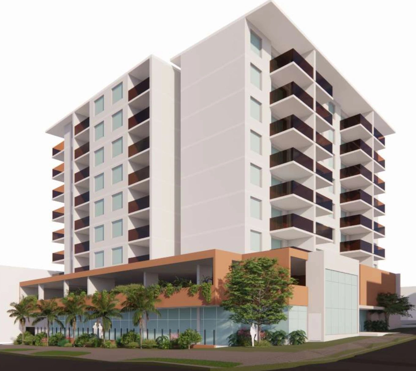 Modern mid-rise apartment building with balconies and greenery.