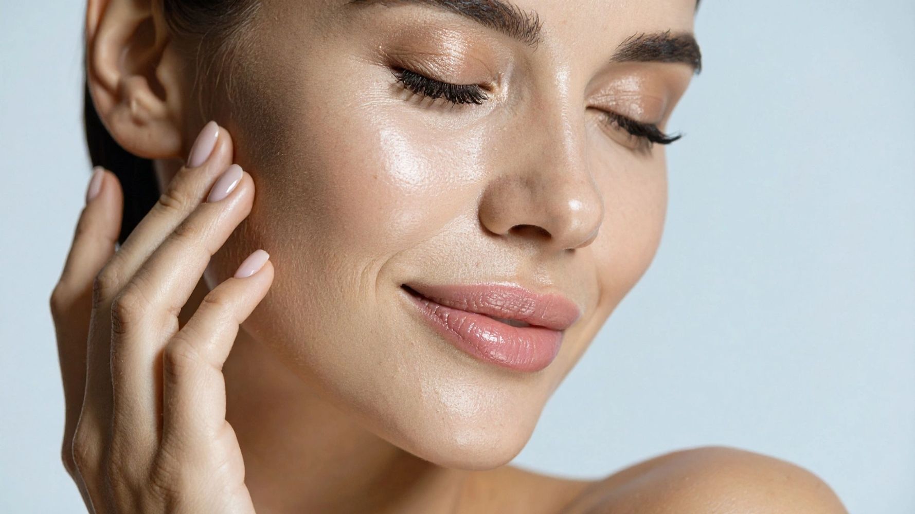 Woman with flawless, glowing skin touching her face.