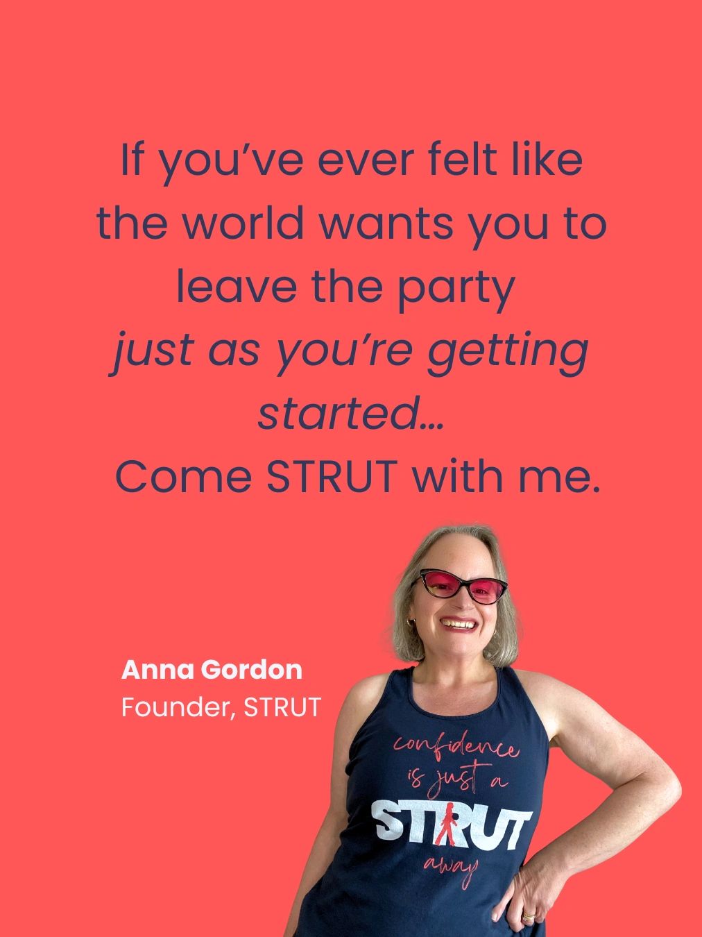 Anna Gordon, Founder of STRUT, is  in navy STRUT workout tank on orange background.