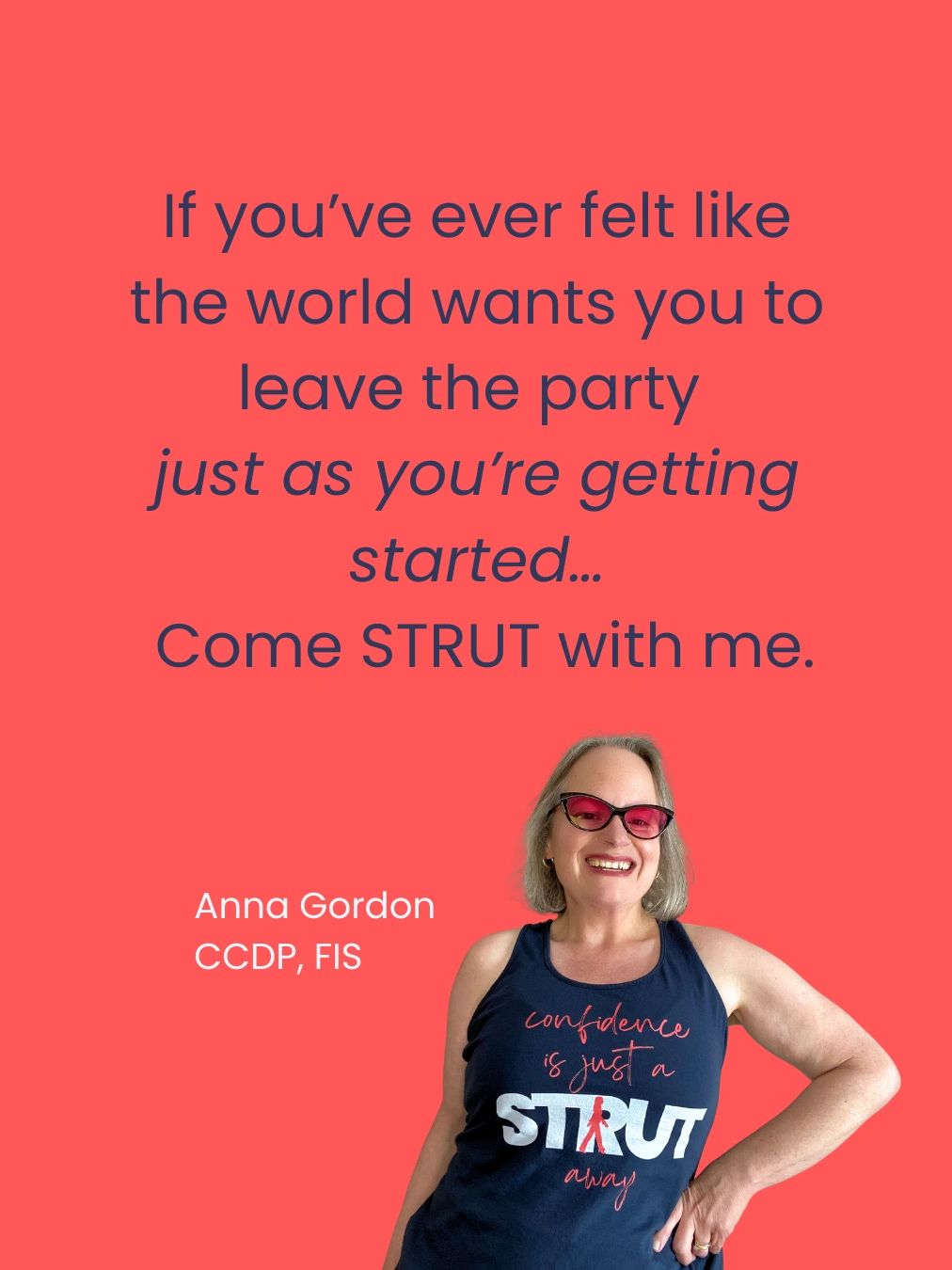 Anna Gordon in navy STRUT workout tank on orange background, fitness and confidence leader.