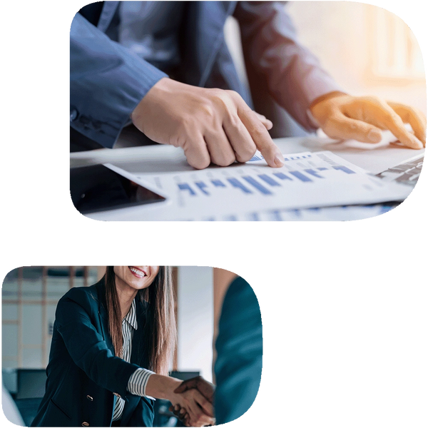 Two graphics: business men pointing at a paper on a table, and a business woman shaking hands