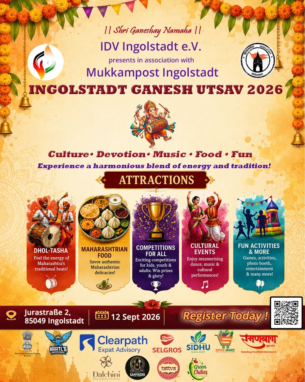 Ankündigung für Ingolstadt Ganesh Utsav 2026 mit Kultur, Musik, Essen und Spielen.