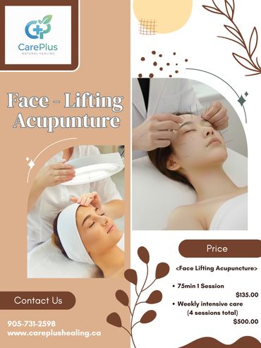 Advertisement for face-lifting acupuncture by CarePlus with prices and contact info.