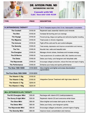 Price list for IV and IM therapies by Dr. Giyeon Park, ND, including vitamin treatments and wellness options.