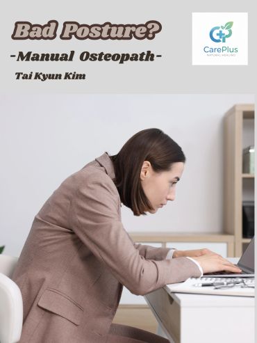 Woman with poor posture working on a laptop at a desk.