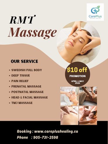 Promotional flyer for RMT massage services with $10 off in April and May 2026.