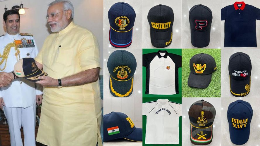 Indian official receiving a cap with various military caps and shirts displayed.