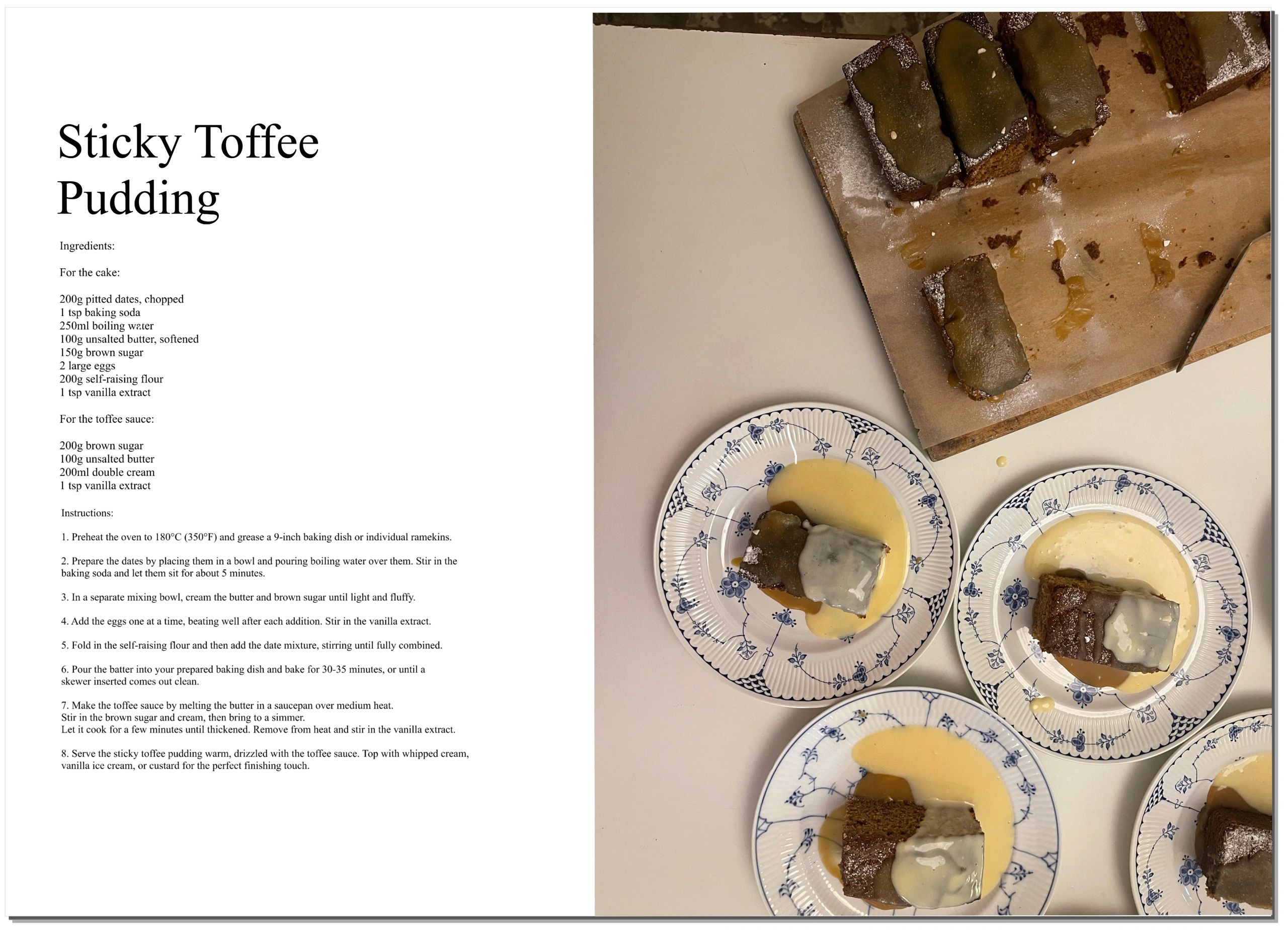 Sticky toffee pudding served with custard on plates.
