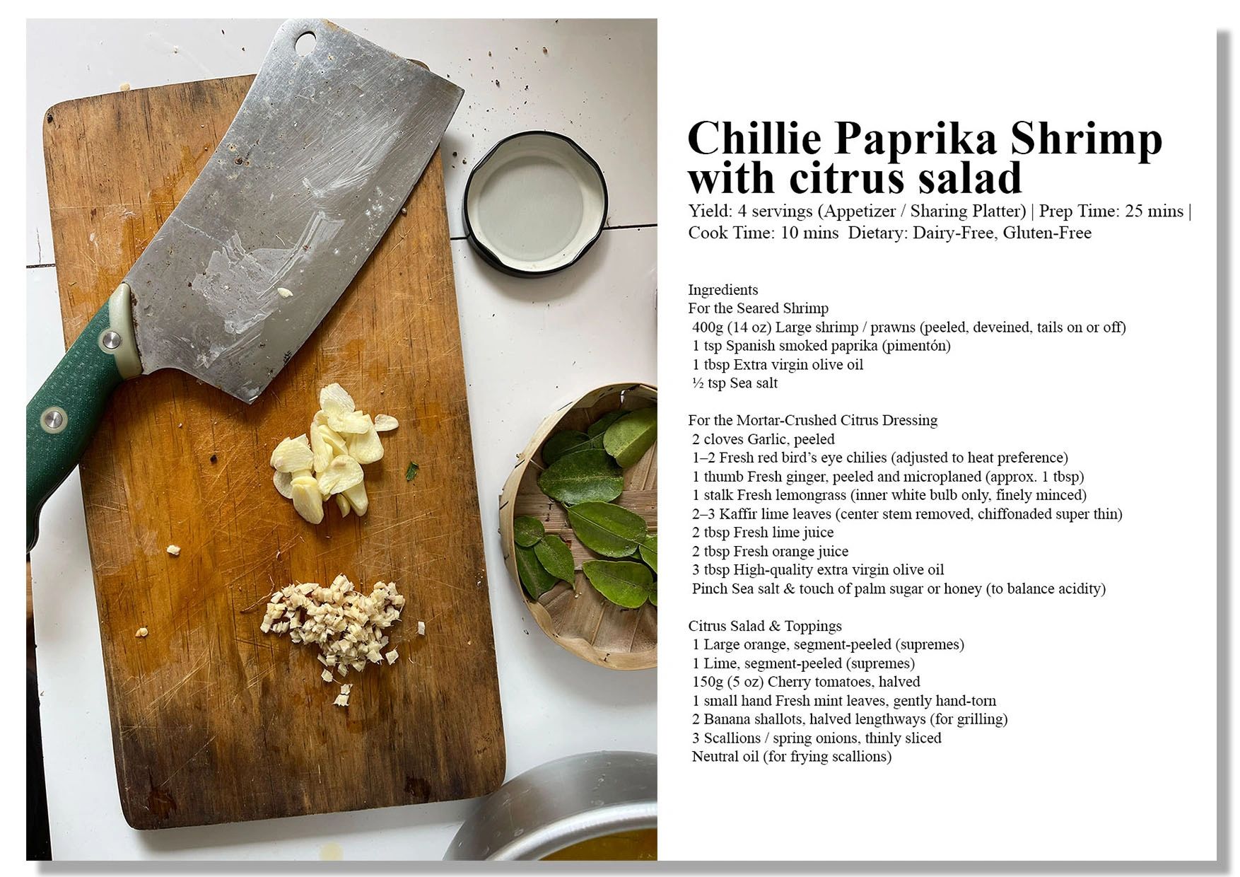 Chopping board with knife, sliced garlic, lime leaves, and recipe text for chilli paprika shrimp.