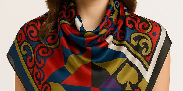 Woman wearing a colorful patterned silk scarf over a black top.