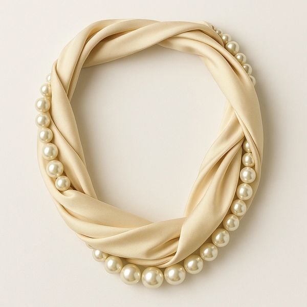 Elegant cream-colored twisted scarf with large pearl accents.