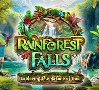 Colorful logo for Rainforest Falls with nature elements and tagline.