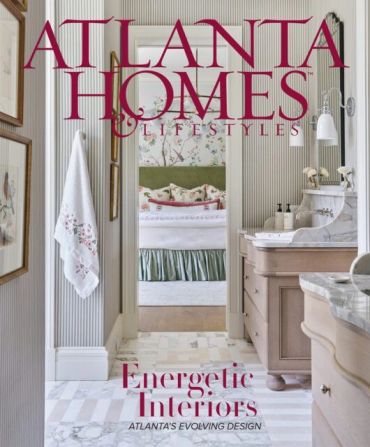 Elegant bathroom and bedroom interior on Atlanta Homes cover.