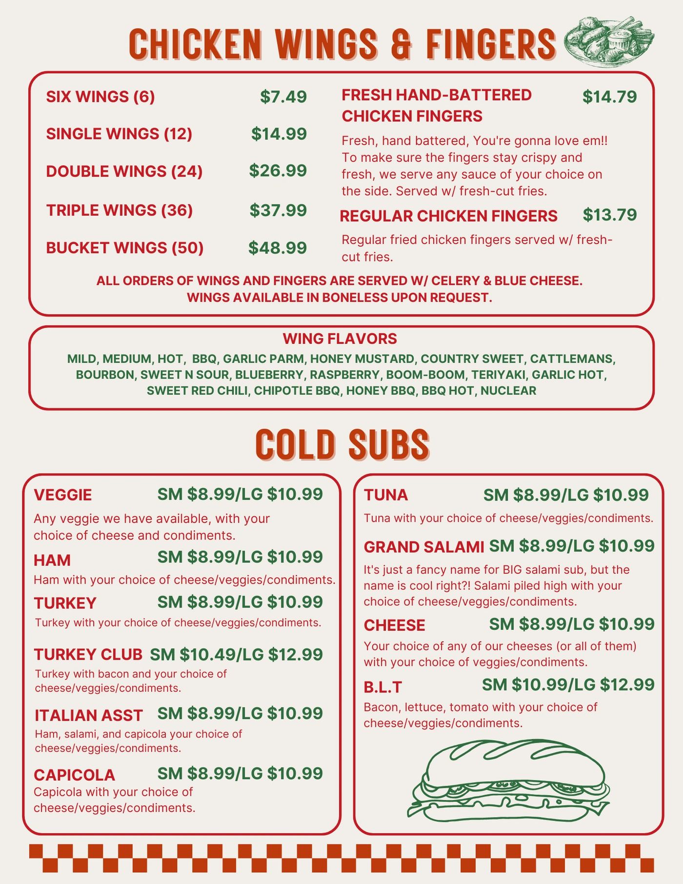 Menu: Chicken wings, fingers, and cold subs