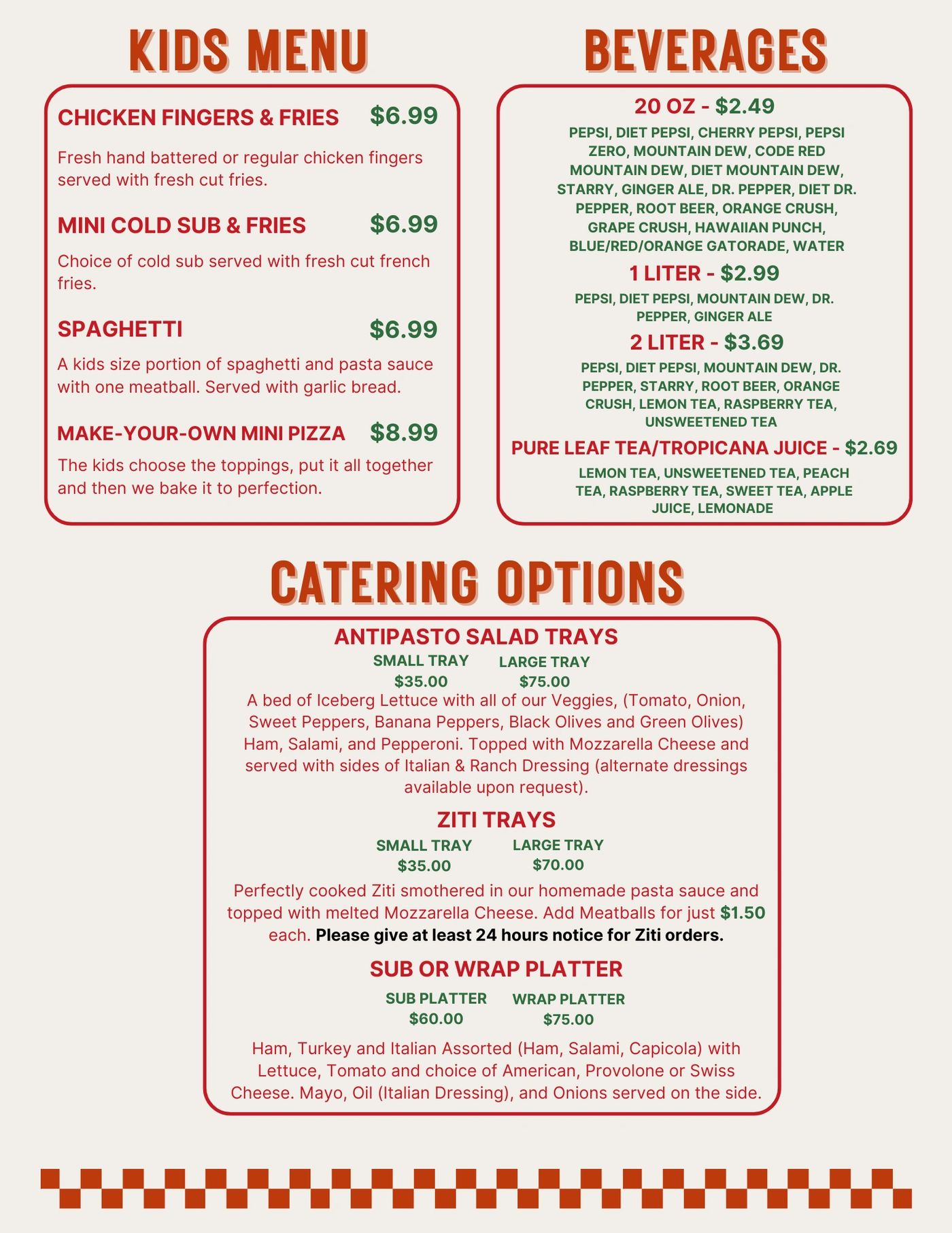 Menu: Kids menu, beverages, and catering