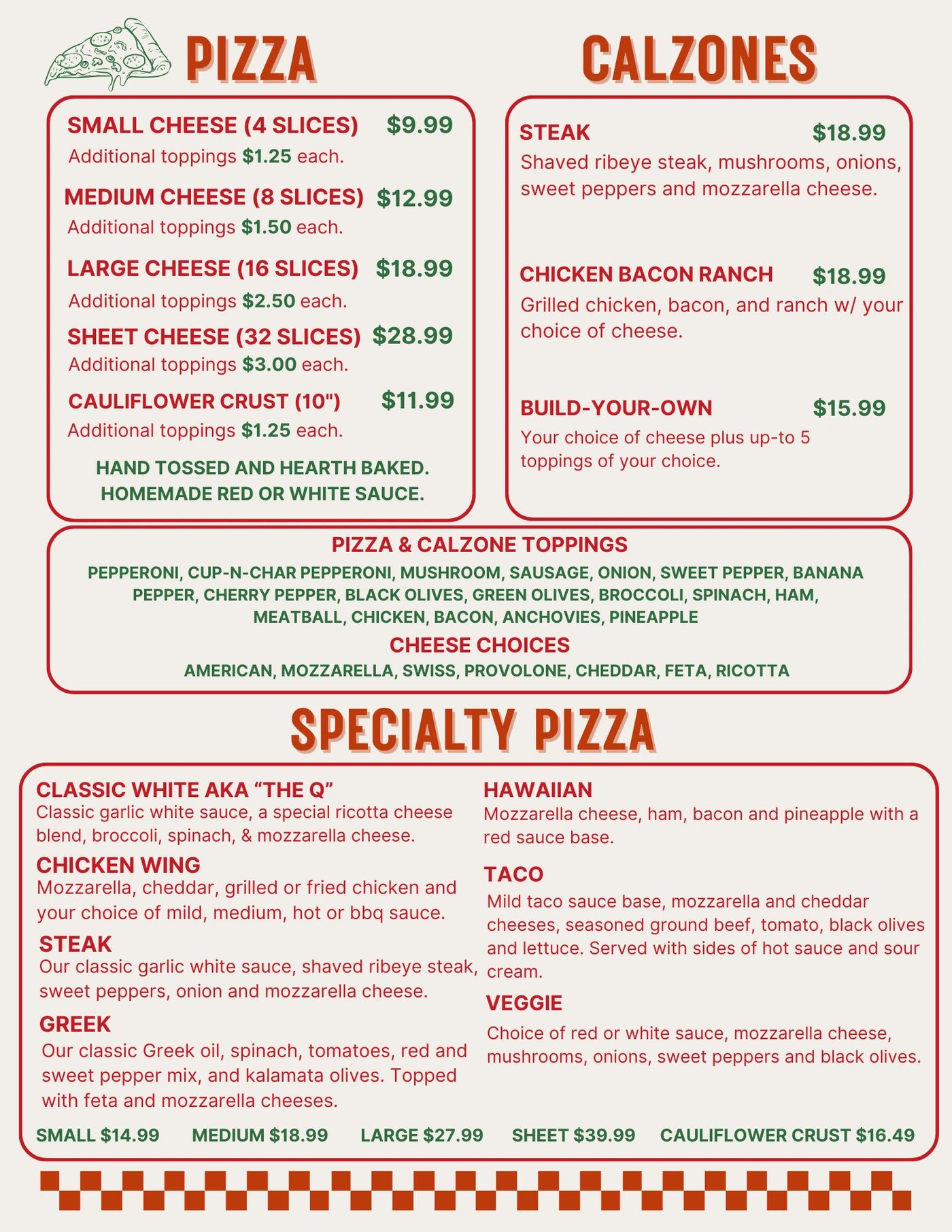 Menu: Pizza and calzones