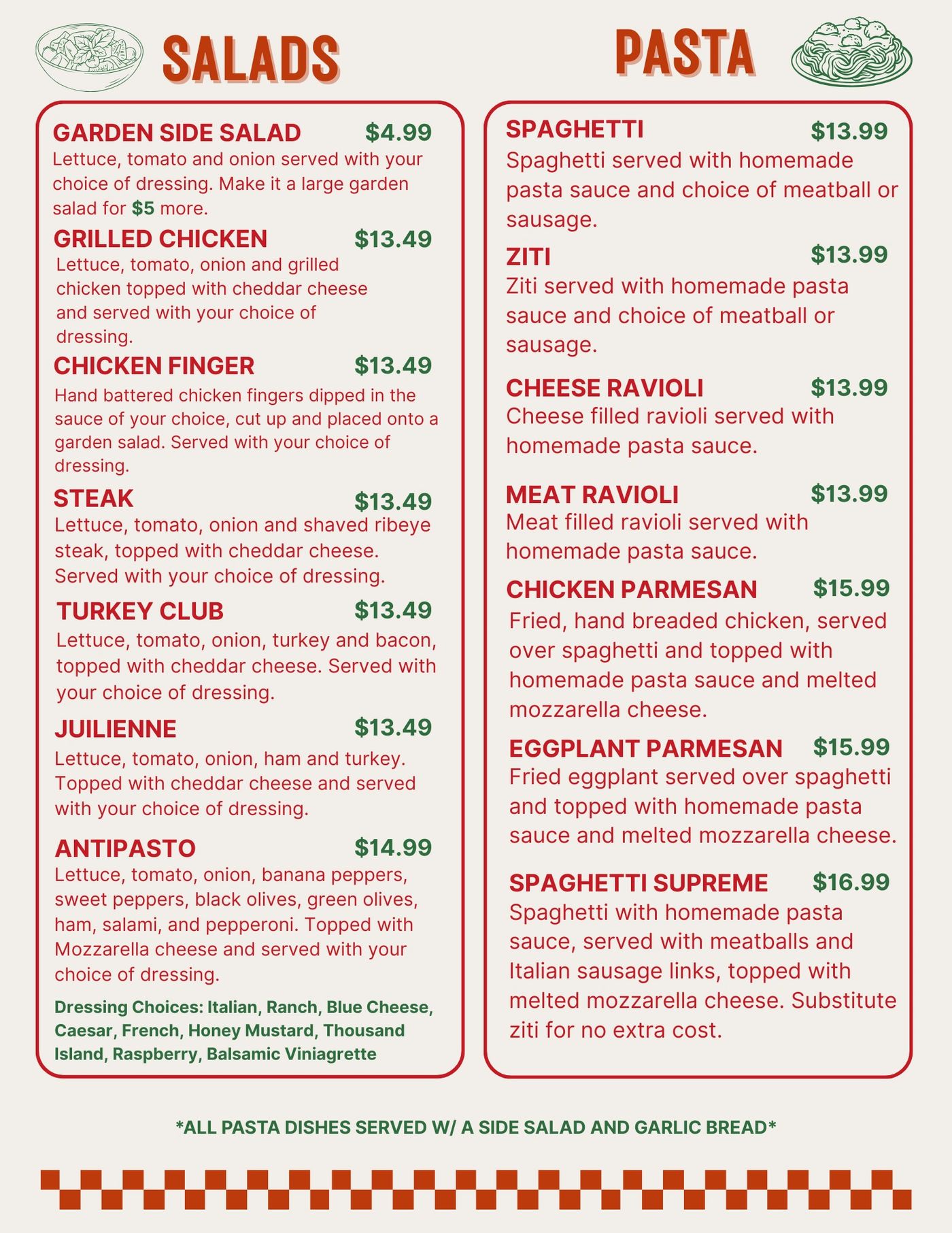 Menu: Salads and pastas