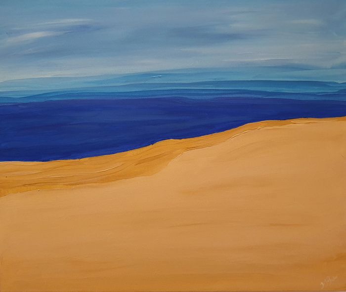 Beach water scene. Vibrant blues and yellows. Showing a calm beach. 