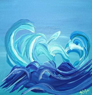 Bright blue back ground  with waves of blues, whites. 12 x 12 inches Acrylic Painting On Canvas. Abs