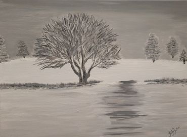 Winter snowy scene in countryside. Blacks, whites, greys.  16 x 12 inches. Date 2021
